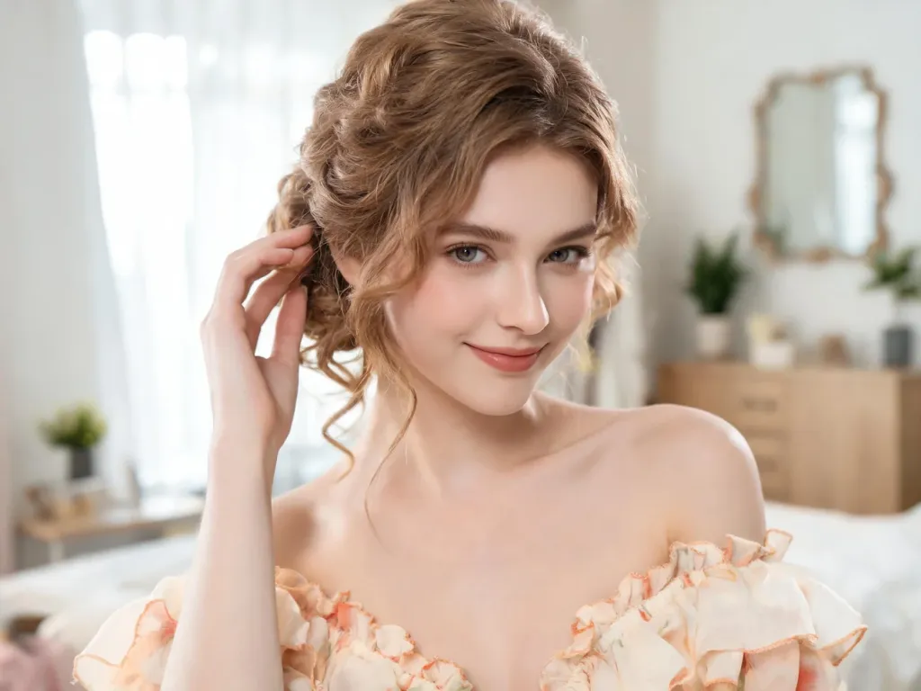 Młoda kobieta w sukience hiszpance prezentuje romantyczne upięcie włosów w jasnym, eleganckim wnętrzu.