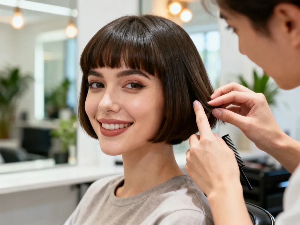 Uśmiechnięta kobieta z pixie bob z miękką grzywką podczas stylizacji włosów w nowoczesnym, jasnym salonie fryzjerskim