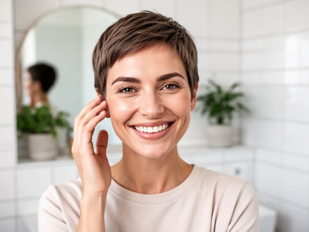 Uśmiechnięta kobieta z krótką fryzurą pixie cut dotyka włosów w jasnej, minimalistycznej łazience.