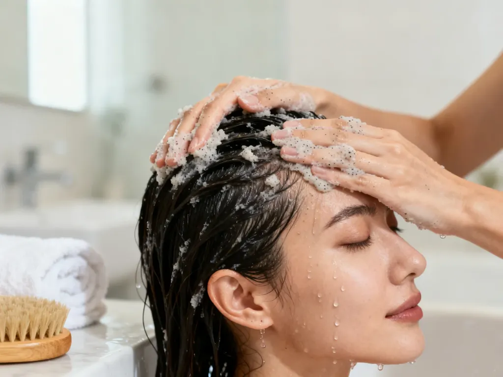 Dłonie kobiety masują peeling w mokrą skórę głowy, pokazując oczyszczanie, pielęgnację i efekt świeżości skóry głowy.